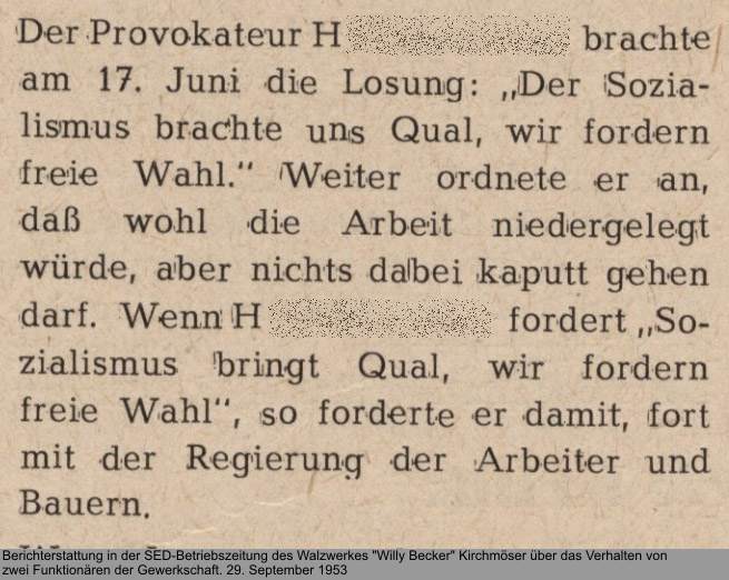 Arbeiterverräter Detail H., Quelle: Roter Stahl, Betriebszeitung des Walzwerkes in Kirchmöser, 29. September 1953